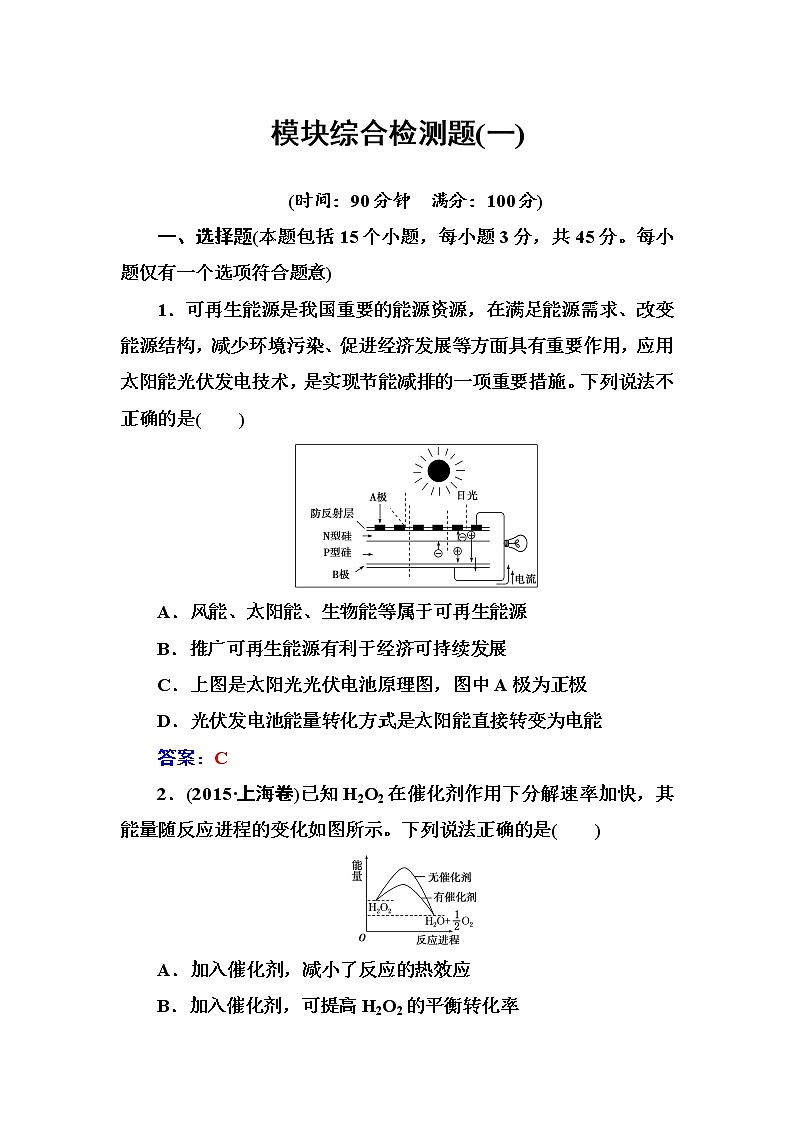 人教版高中化學(xué)選修4練習(xí)：模塊綜合檢測(cè)題（一） word版含答案第1頁(yè)