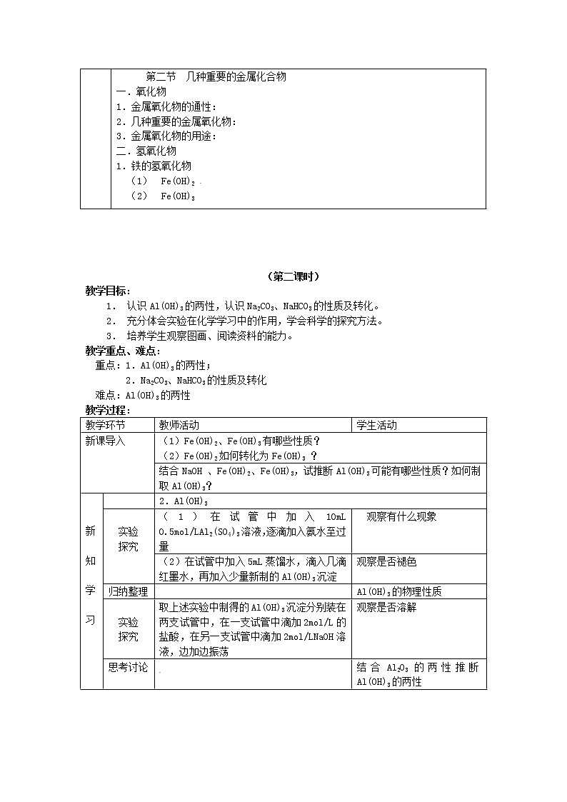 高中化学 第3章 第2节几种重要的金属化合物教案 新人教版必修103