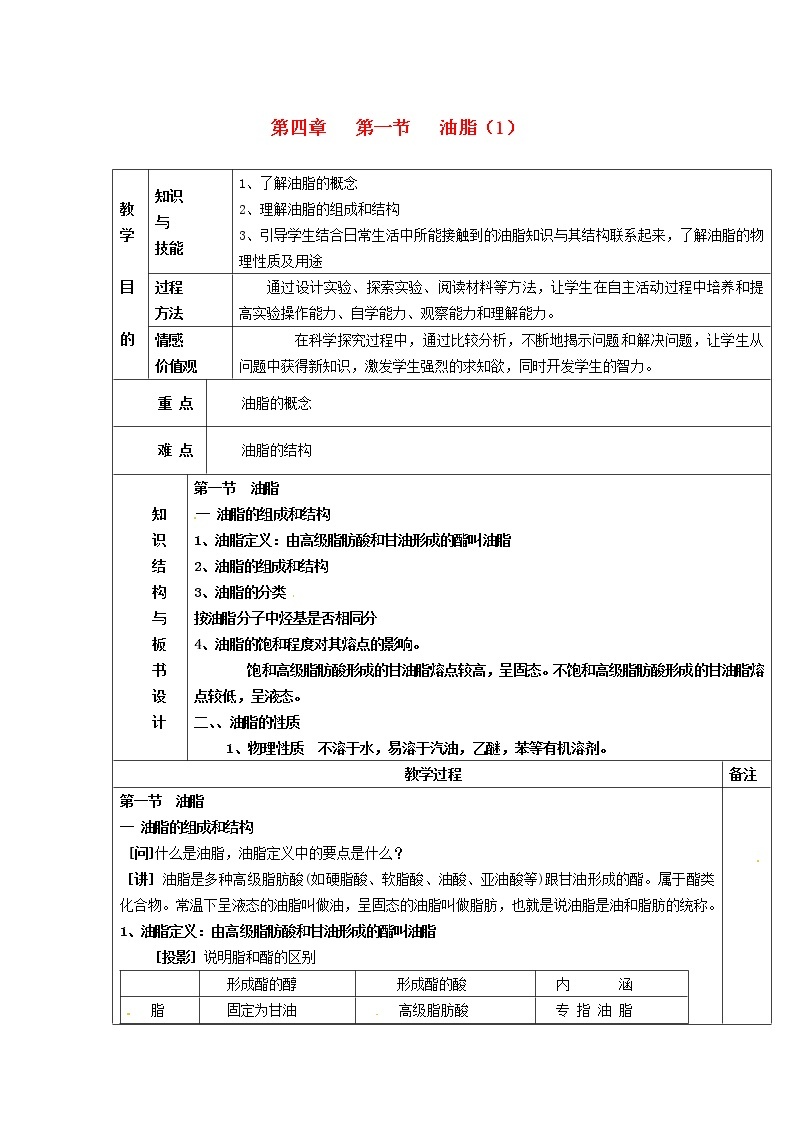 高中化学 第四章 第一节 油脂（1）教案 新人教版选修501