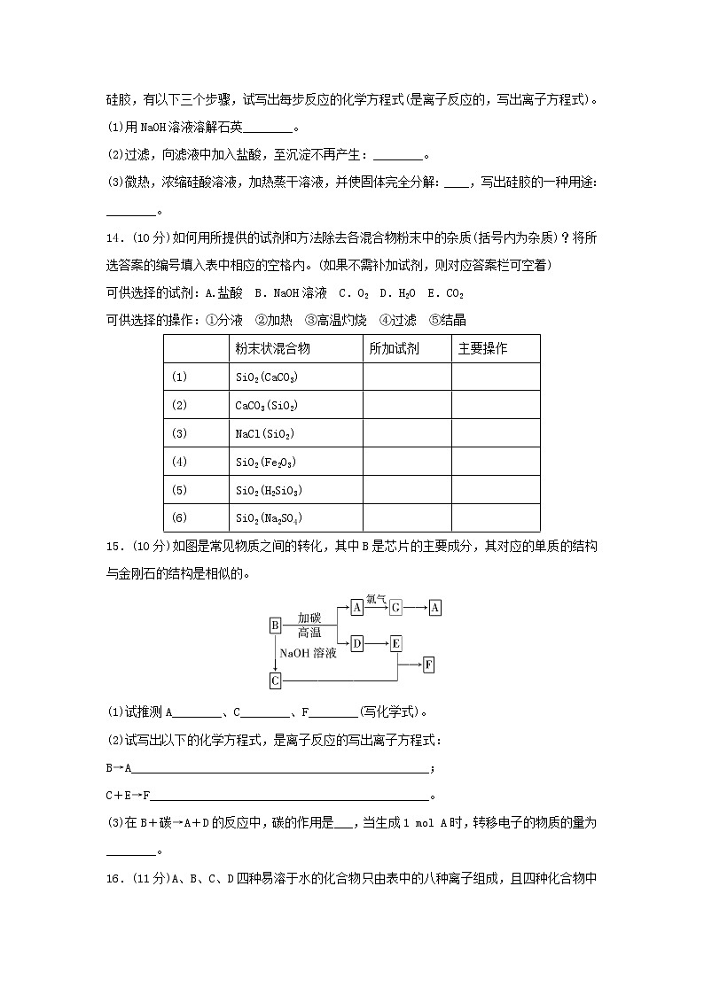 高中化学必修一:4二氧化硅和硅酸 word版含答案 试卷03