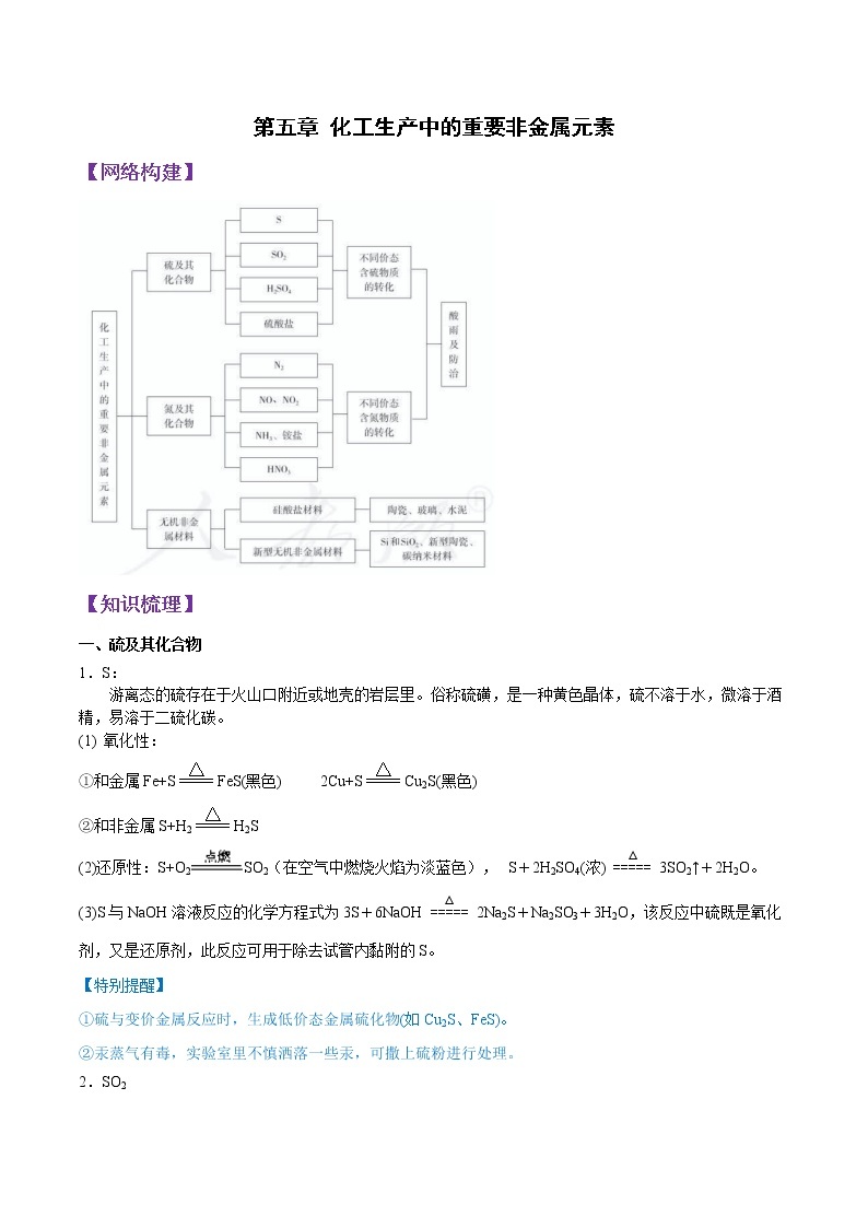 2020-2021学年高一化学下学期期末复习大串讲   第五章知识串讲-（人教版必修第二册）学案01