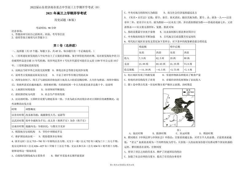 2022届山东省济南市重点中学高三上学期开学考试(B)历史试题 PDF版第1页