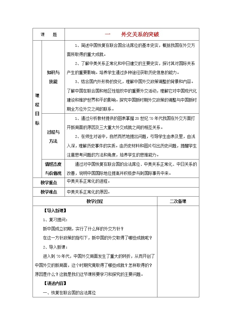 高中历史 专题五 现代中国的对外关系 第2节 外交关系的突破教案1 人民版必修101