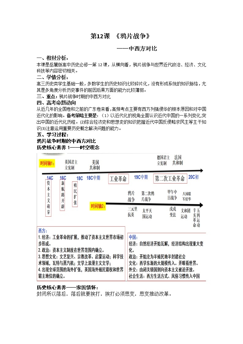 岳麓版高中历史必修一第12课 鸦片战争——中西方对比教案01