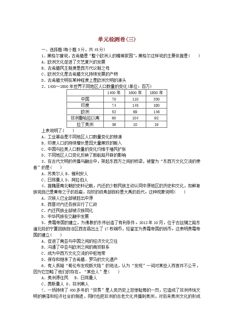 高中历史第三单元人口迁徙文化交融与认同单元检测卷含解析新人教版选择性必修301