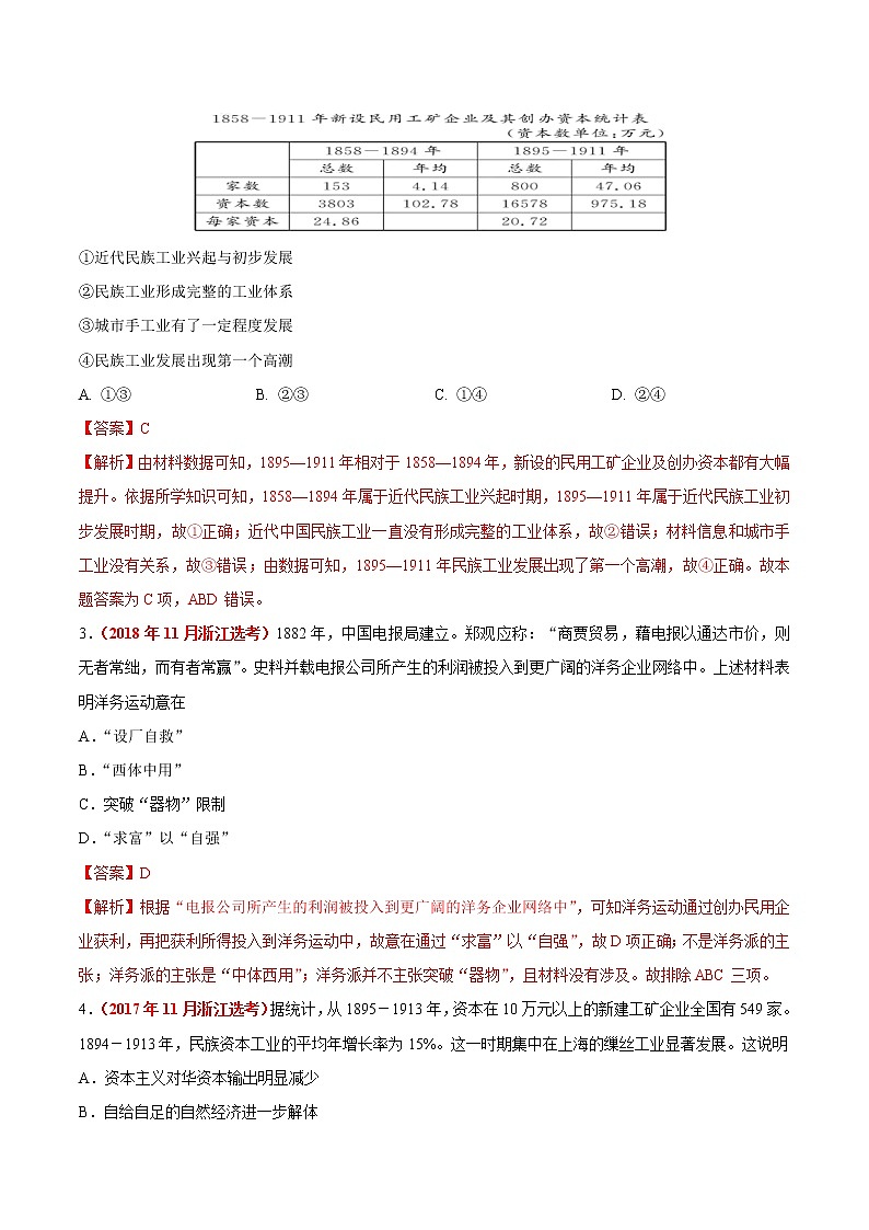 专题09 近代中国资本主义的曲折发展&近现代中国社会生活的变迁——五年(2017-2021)高考历史真题分项详解(浙江专用)(解析版)第2页