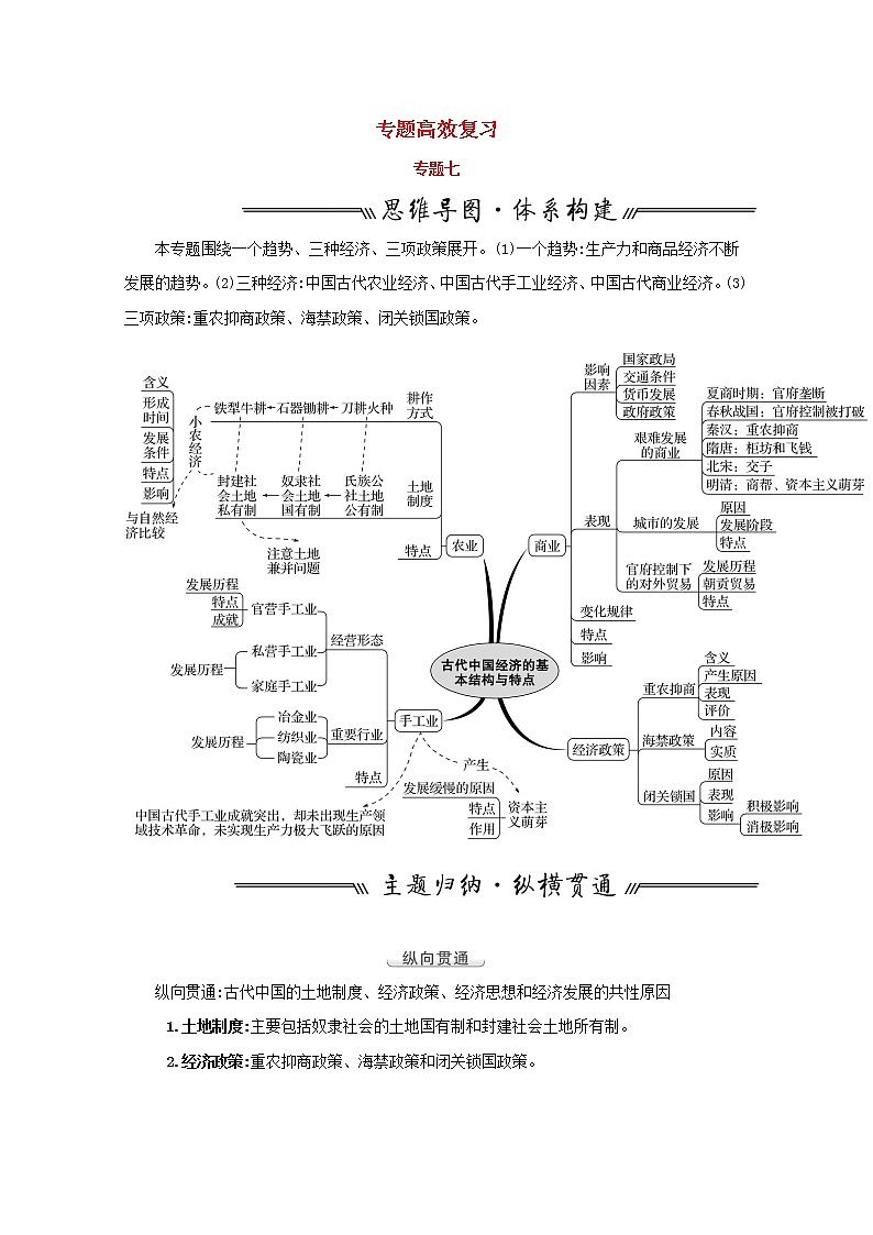 江苏专用高考历史一轮复习专题七古代中国经济的基本结构与特点专题高效复习学案含解析人民版01