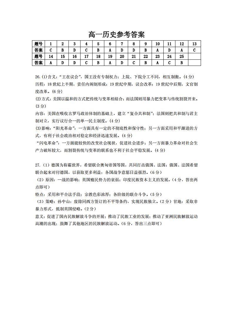 安徽省亳州市涡阳县第九中学2020-2021学年高一下学期期末考试历史参考答案第1页