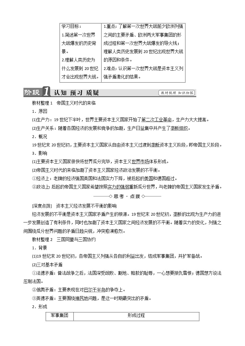 高中历史专题1第一次世界大战1滑向世界性大战的深渊教案人民版选修301