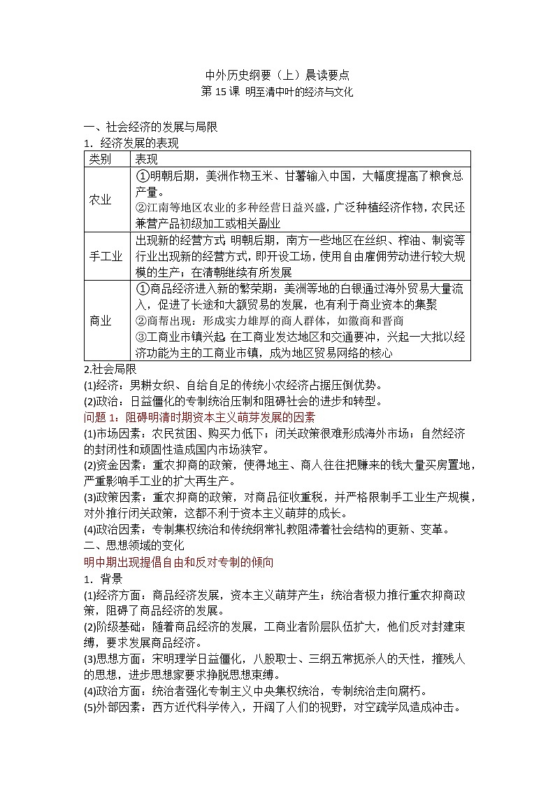 中外历史纲要(上)晨读要点 第15课 明至清中叶的经济与文化学案01
