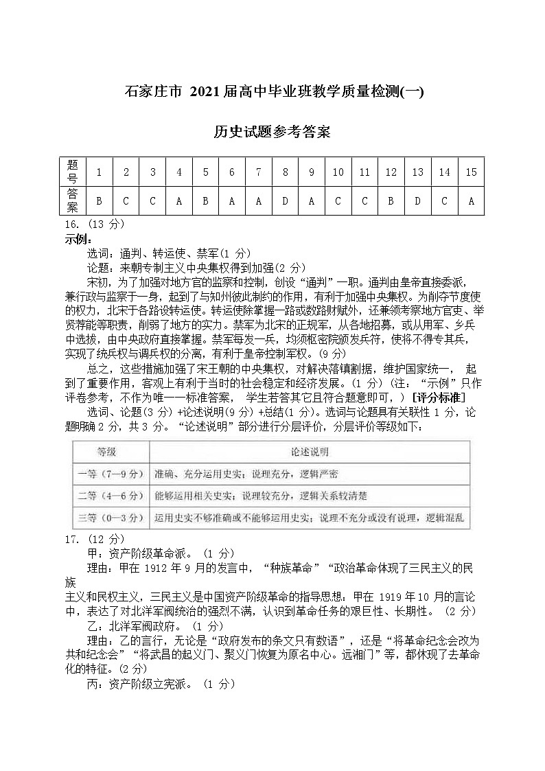 河北省石家庄市2021届高三教学质量检测试卷(一)历史试卷答案第1页