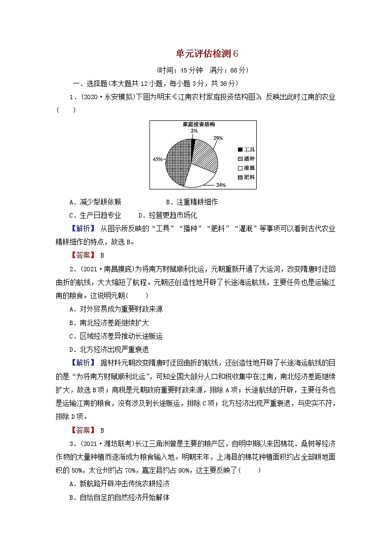 高考历史一轮复习第6单元古代中国经济的基本结构与特点单元评估检测含解析学案第1页