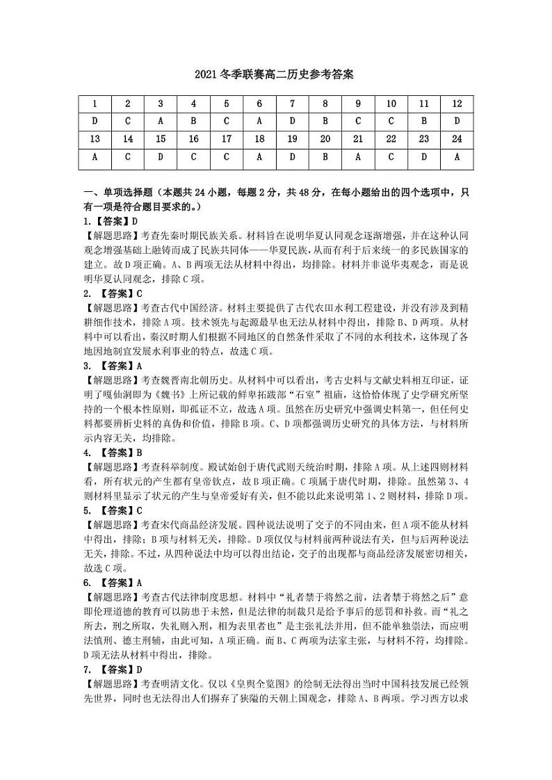2021年冬季联赛高二历史参考答案第1页