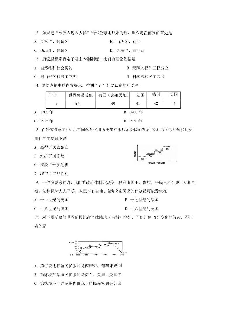 2020年上海市金山区高三一模历史试卷及答案03