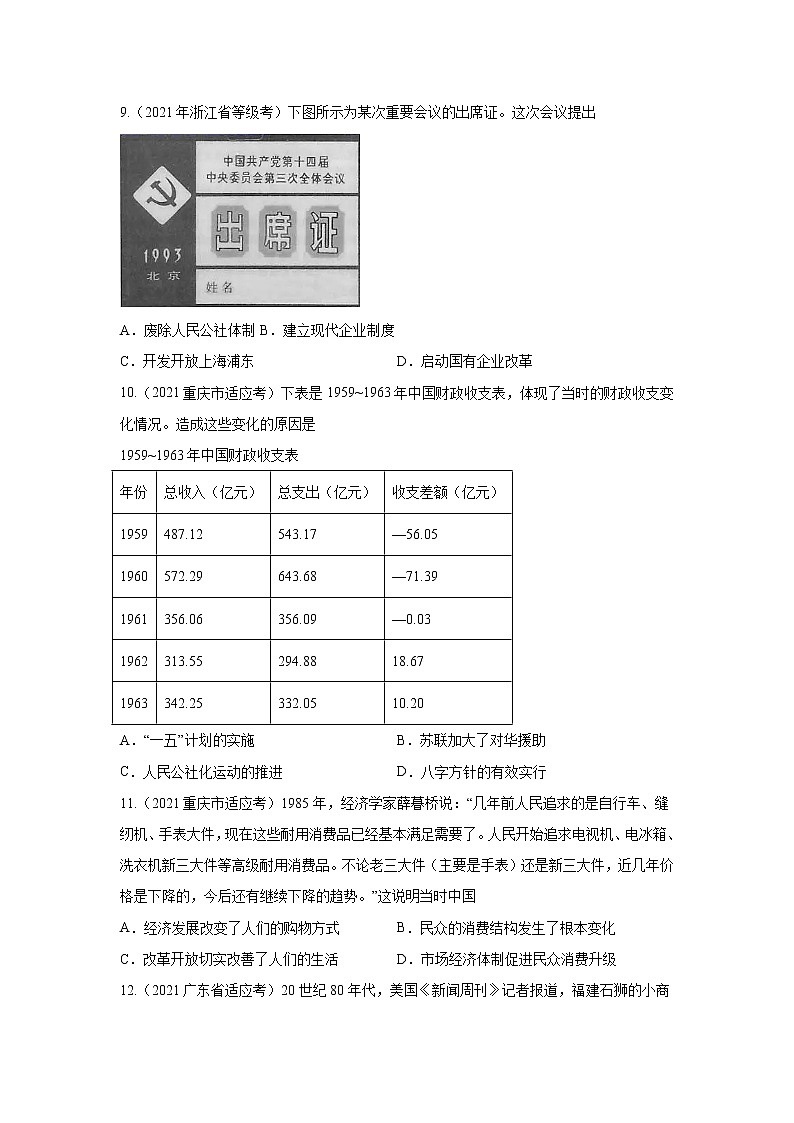专题07 中华人民共和国奋斗史-2021年高考历史三轮冲刺复习热点专题优选优练03