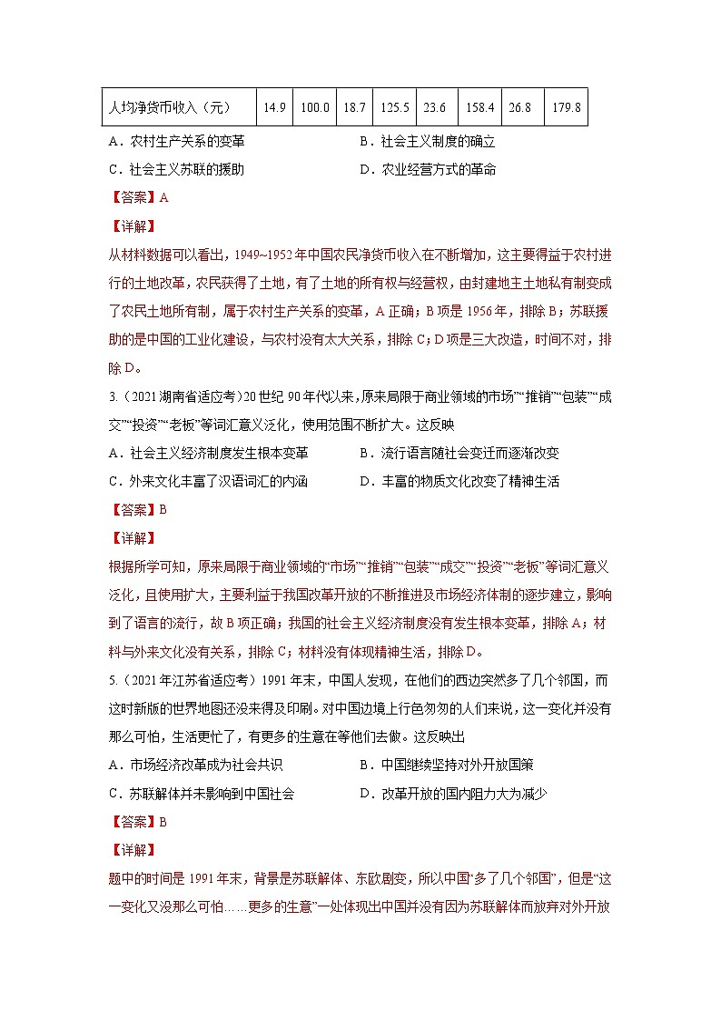 专题07 中华人民共和国奋斗史-2021年高考历史三轮冲刺复习热点专题优选优练02