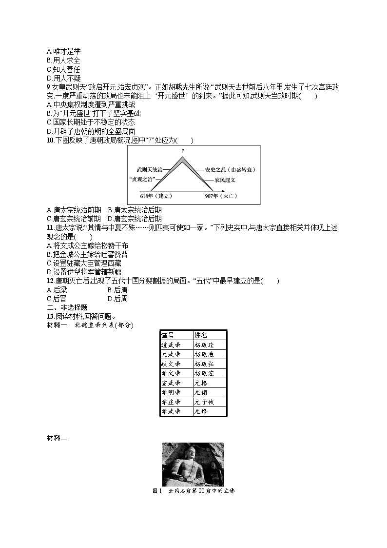人教版新高考历史一轮复习训练题--从三国两晋南北朝到五代十国时期的政权变化与民族交融第2页
