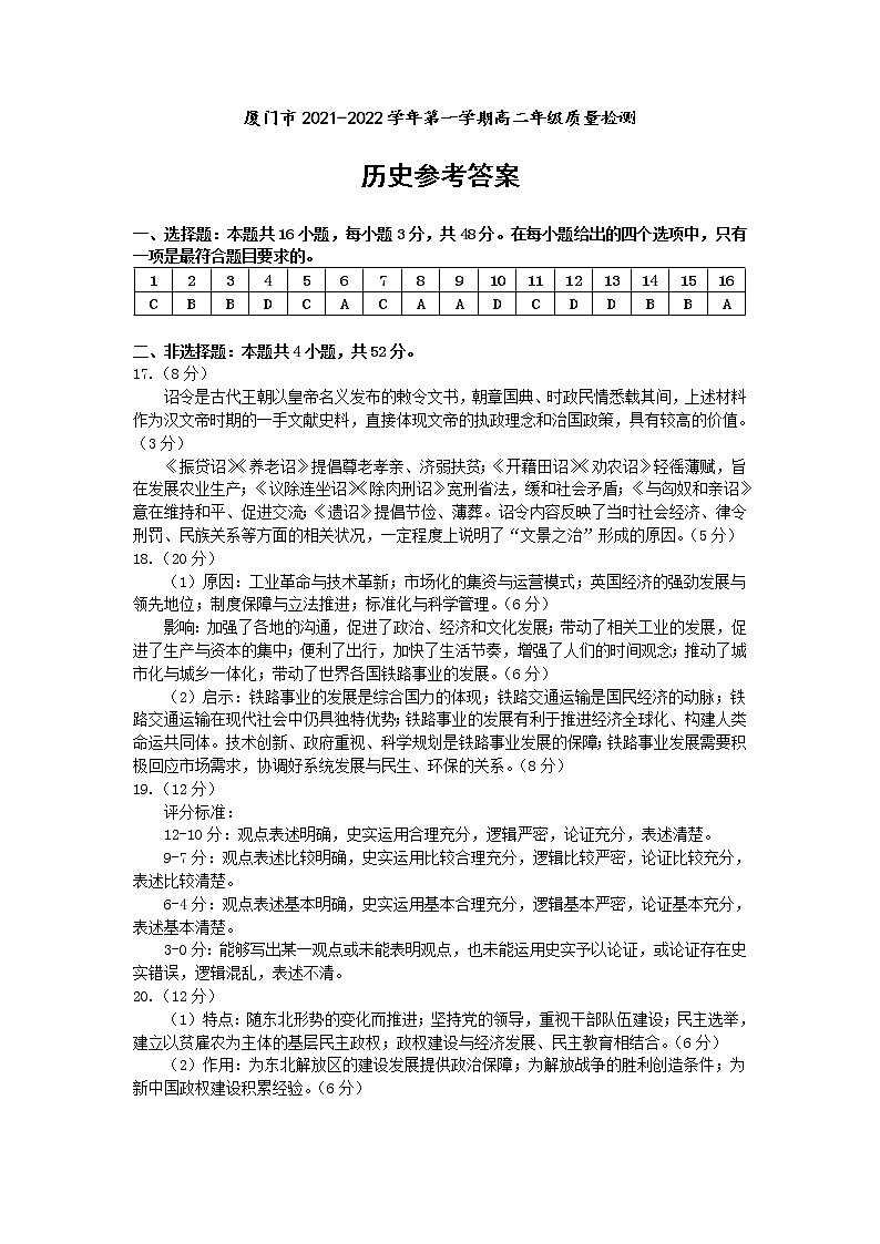 202201高二市质检历史 - 答案第1页