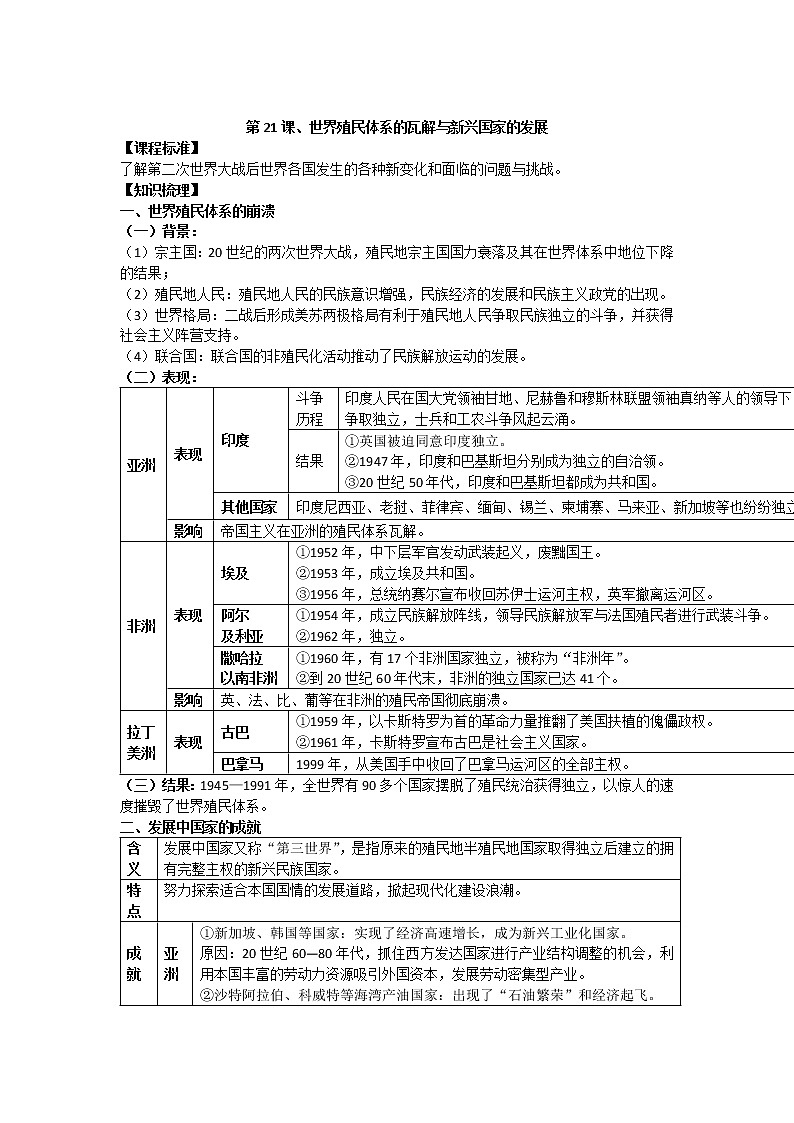 2021-2022学年部编版历史+中外历史纲要(下)教案+第21课、世界殖民体系的瓦解与新兴国家的发展第1页