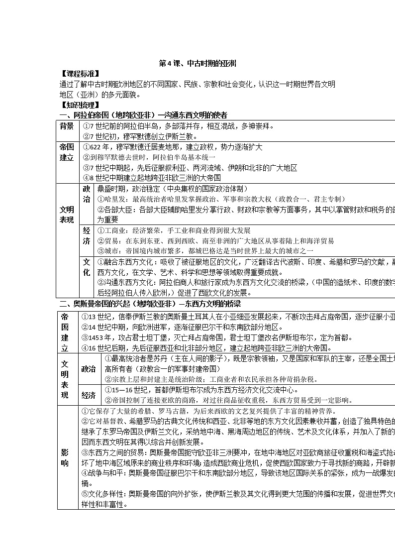 2021-2022学年部编版历史+中外历史纲要(下)教案+第4课、中古时期的亚洲第1页