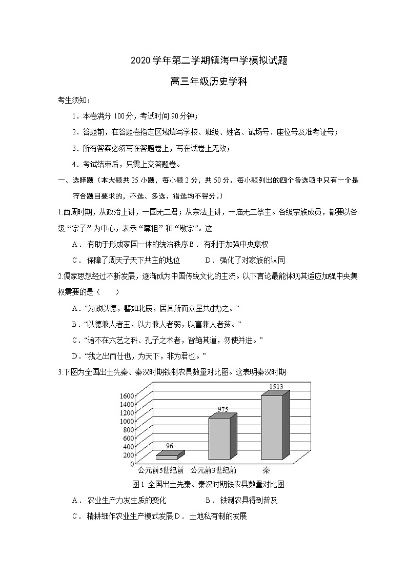 2021宁波镇海中学高三下学期5月选考适应性测试(二模)历史试题含答案01