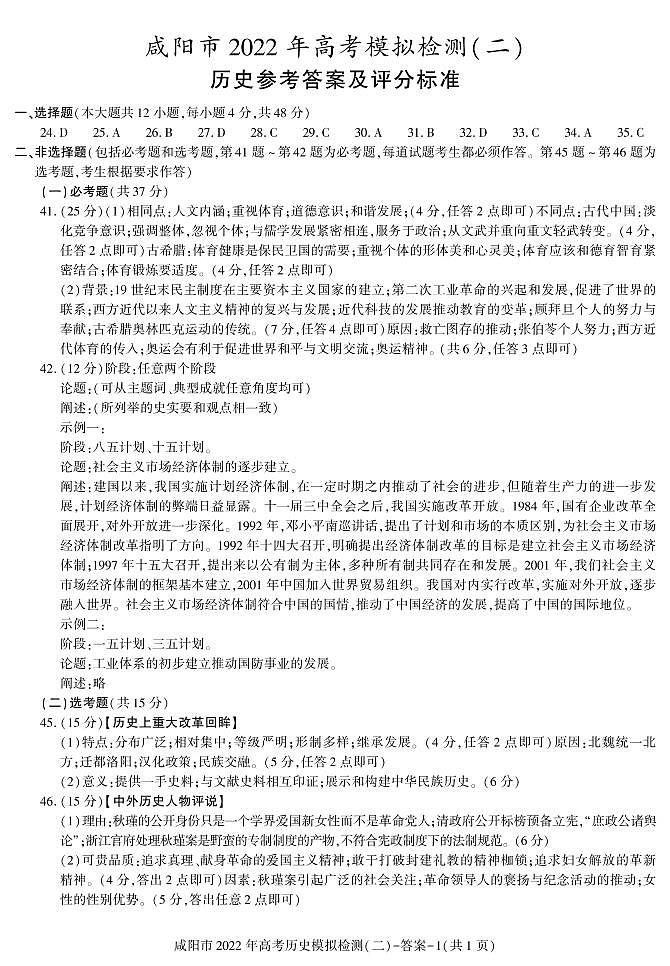 2022届陕西省咸阳高三二模历史试卷及答案01