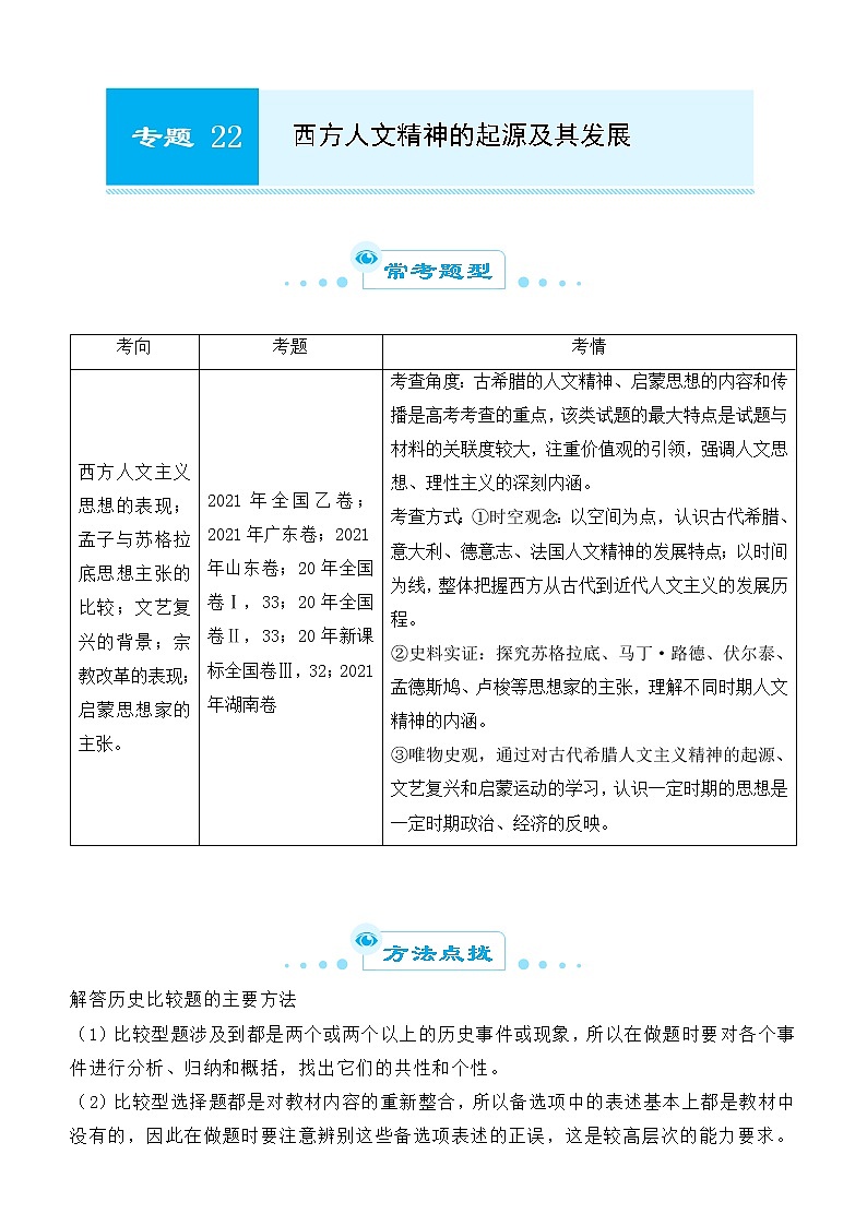 2022届优质校一模试卷专题汇编22 西方人文精神的起源及其发展(解析版)第1页