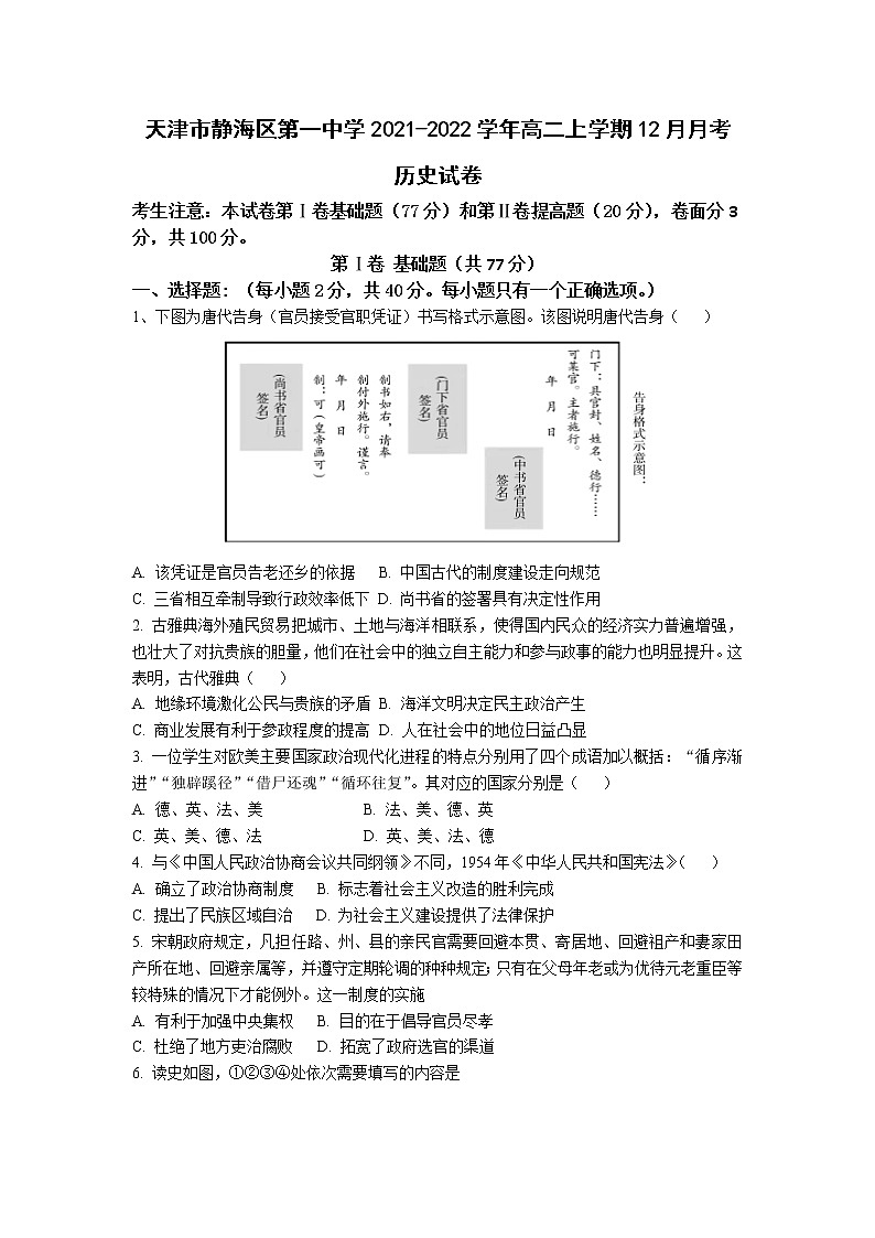 2021-2022学年天津市静海区第一中学高二上学期12月月考历史试题含答案第1页