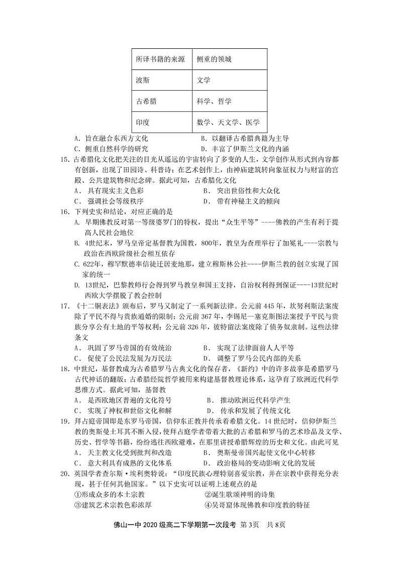2022佛山一中高二下学期第一次段考试题(3月)历史(选考)含答案03