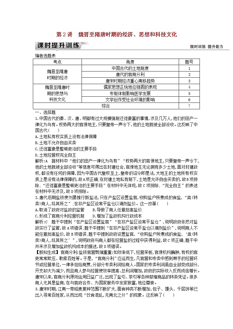 高考历史一轮复习训练题: 3.2《魏晋至隋唐时期的经济、思想和科技文化》 (含详解)01