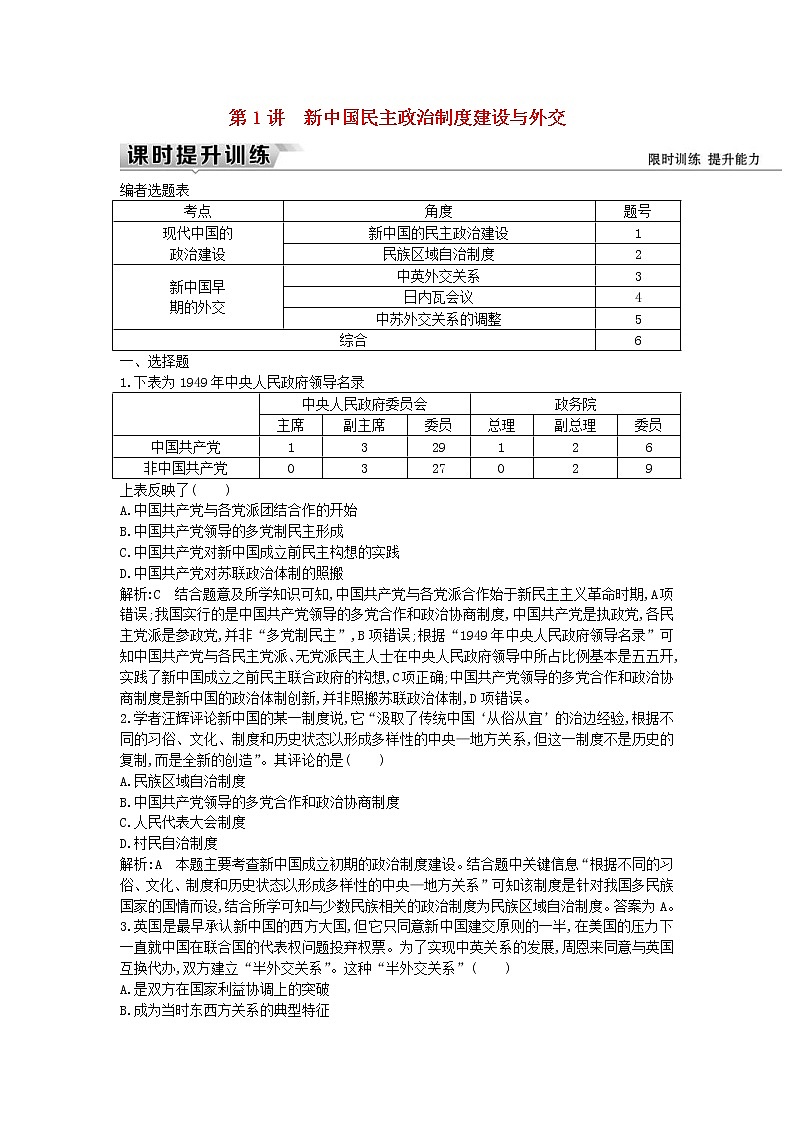高考历史一轮复习训练题: 9.1《新中国民主政治制度建设与外交》 (含详解)第1页