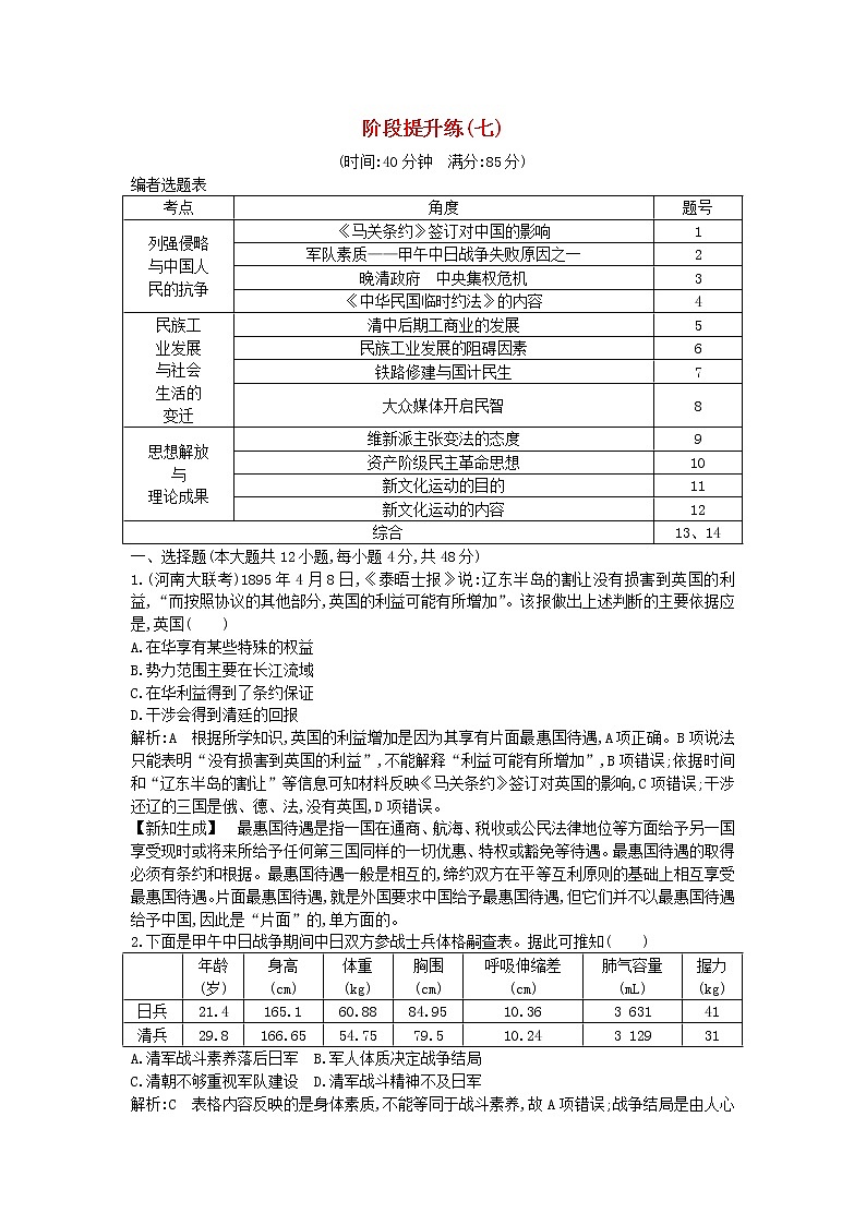 高考历史一轮复习训练题: 阶段提升练07 (含详解)第1页