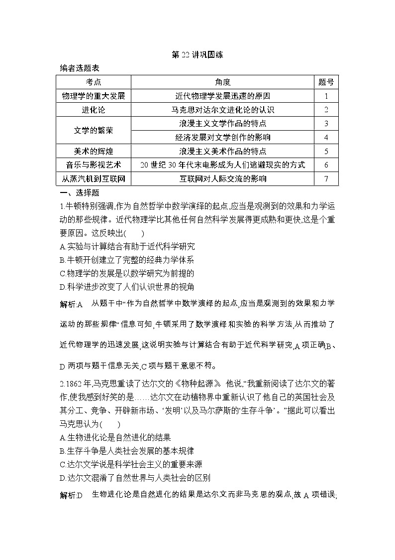 高考历史一轮复习讲与练:第22讲 近代以来世界科学发展历程与文学艺术 巩固练(含详解)01