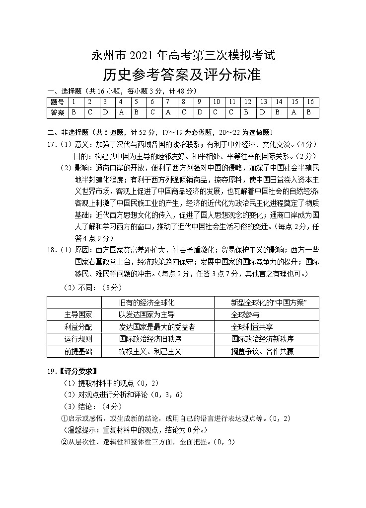 2021届湖南省永州市高三三模历史(答案)第1页
