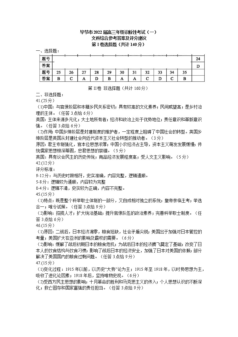 2022年贵州省毕节市高三第一次模拟考试历史卷及答案01