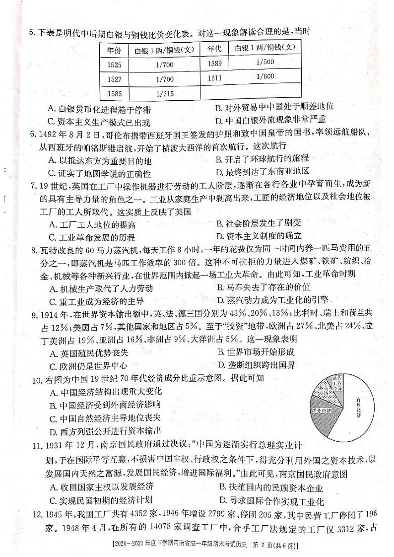 2021河南省高一下学期期末考试历史试题扫描版含答案第2页