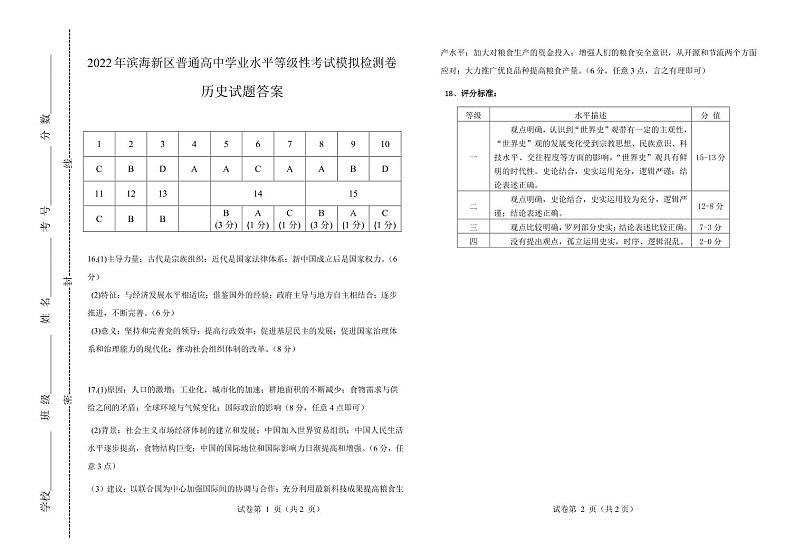 天津市滨海新区2022届高三下学期模拟试卷历史答案第1页