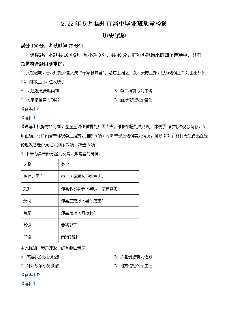 精品解析:福建省福州市2022届高三三模历史试题(解析版)第1页