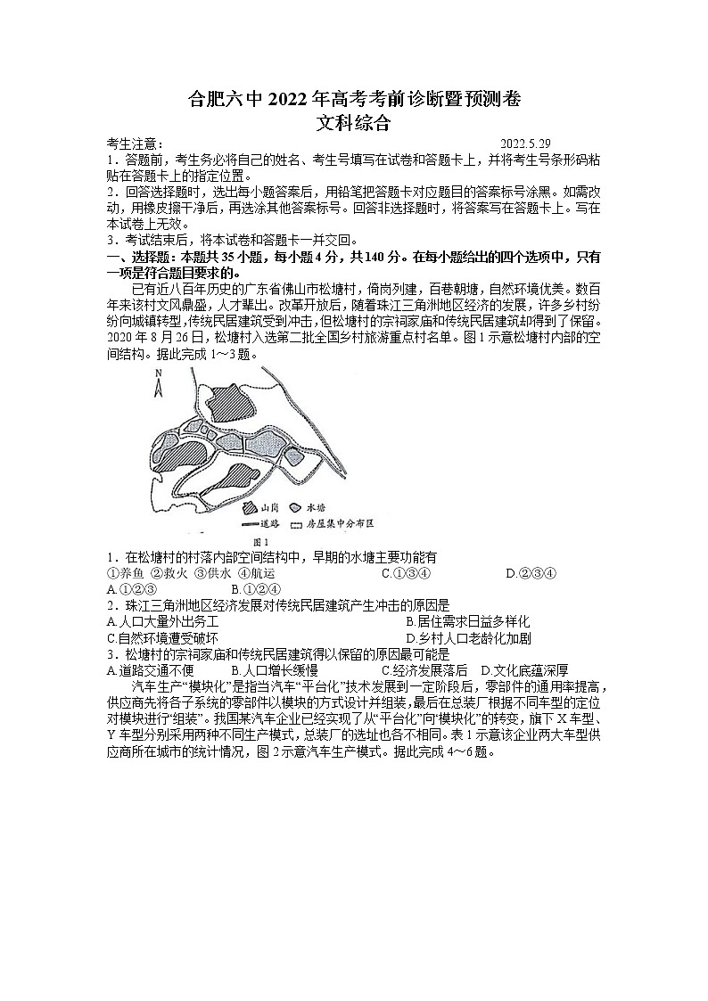 安徽省合肥市第六中学2022届高三考前诊断预测卷文科综合试题(地理历史政治)第1页