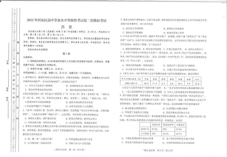 2022年天津市河东区高三二模历史试题含答案第1页