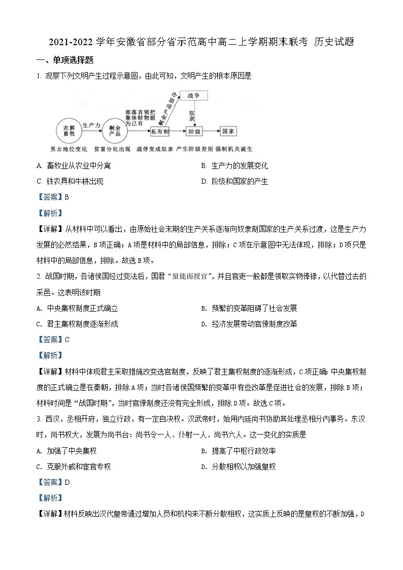 2021-2022学年安徽省部分省示范高中高二上学期期末联考历史试题含解析第1页