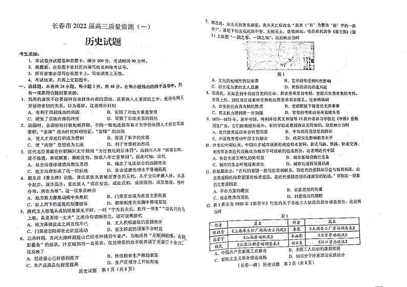 吉林省长春市2022届高三一模历史试题第1页