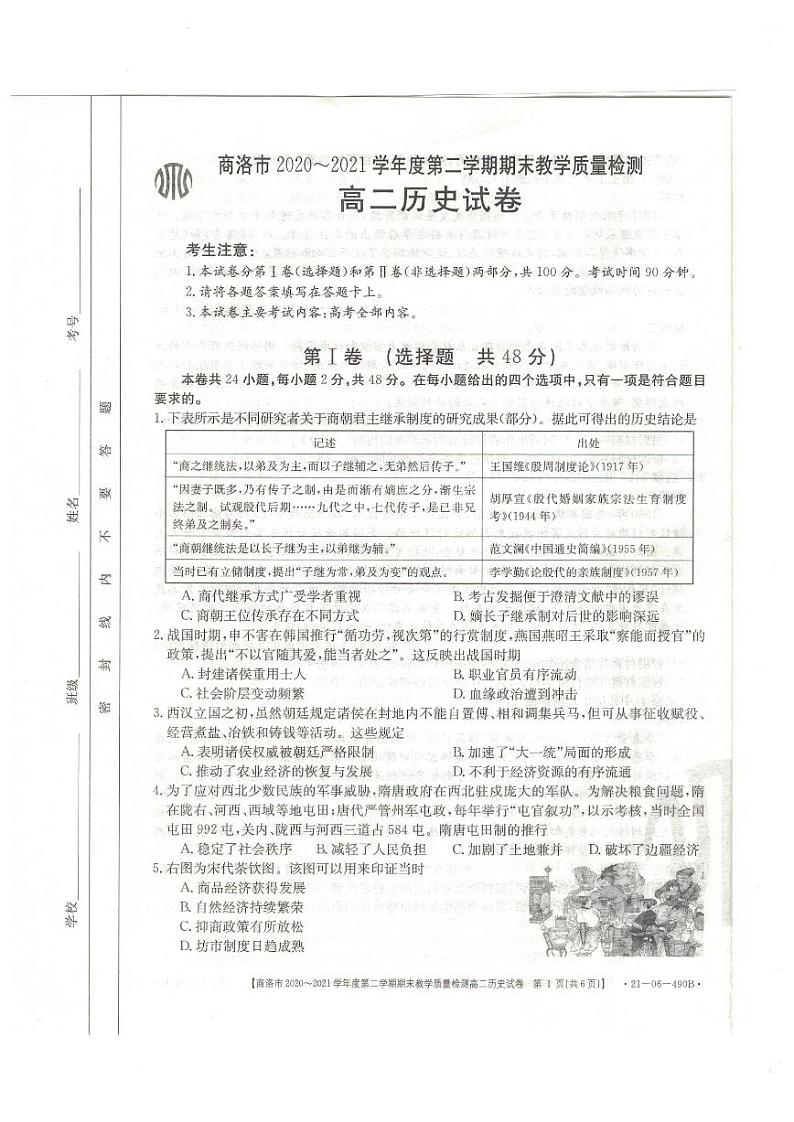陕西省商洛市2020-2021学年高二下学期期末教学质量检测历史试题(图片版)第1页