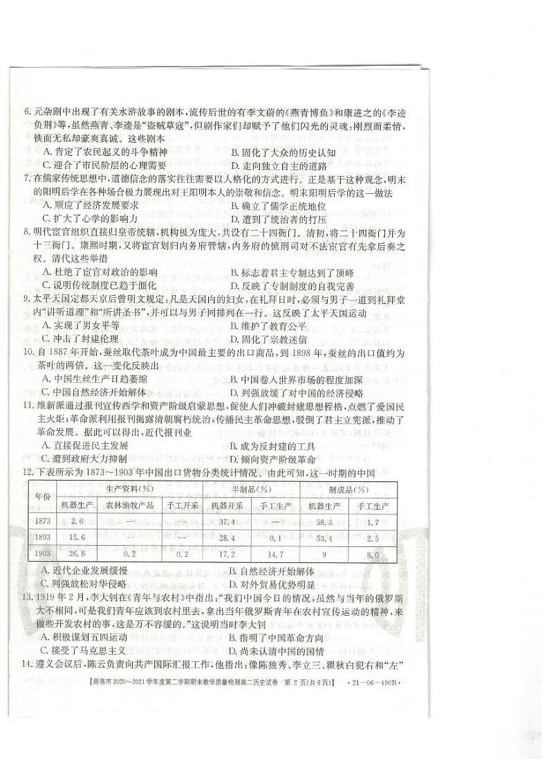陕西省商洛市2020-2021学年高二下学期期末教学质量检测历史试题(图片版)第2页