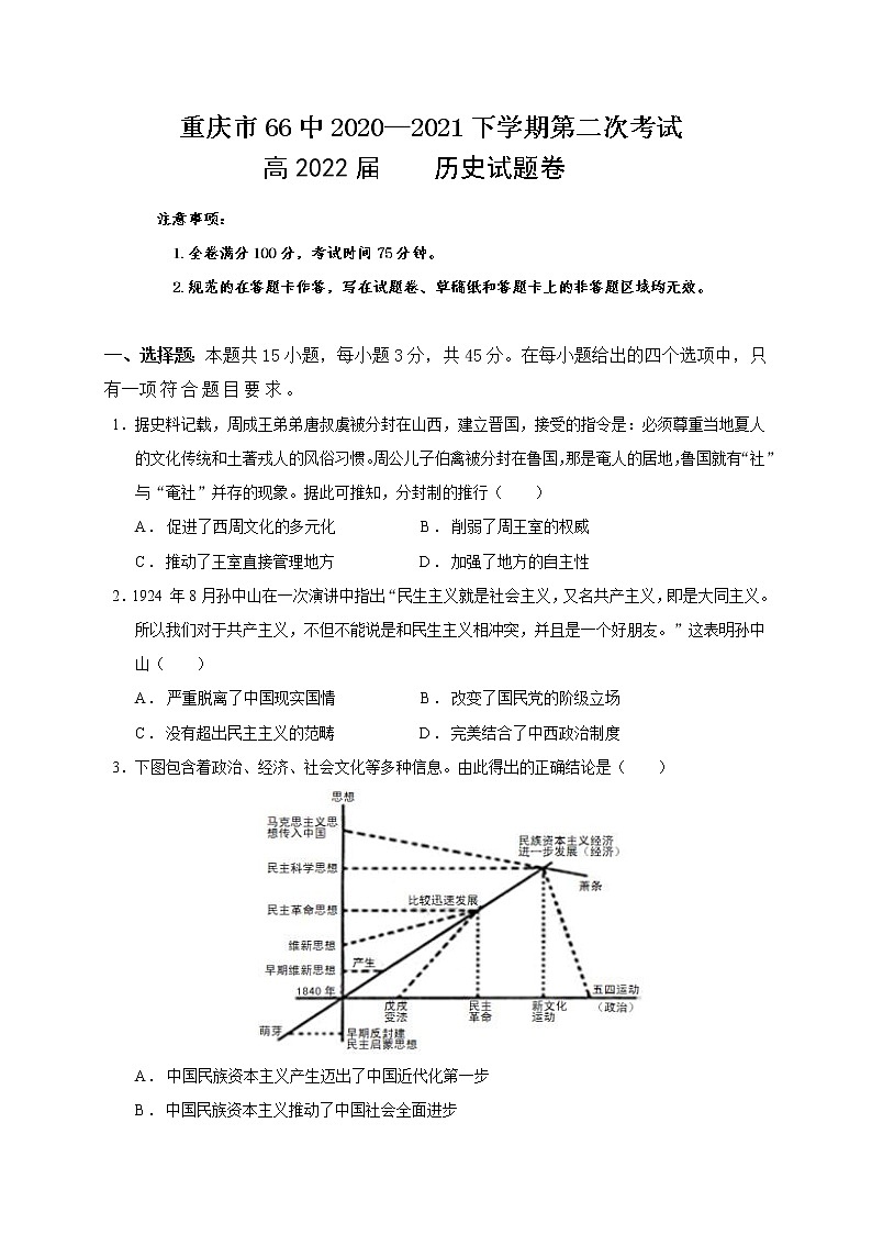 2021重庆市第六十六中学高二下学期第二次月考历史试题含答案第1页