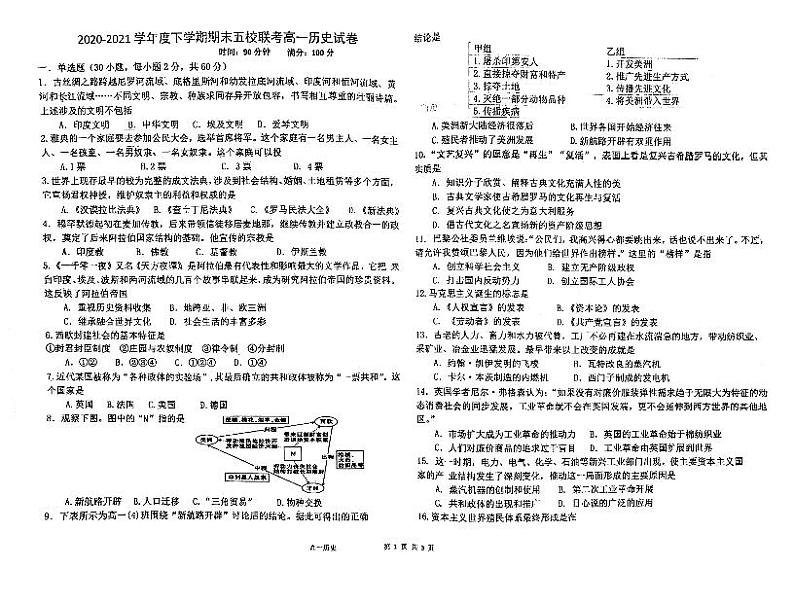 黑龙江省嫩江市第一中学校等五校2020-2021学年高一下学期期末考试历史试题(pdf版)第1页