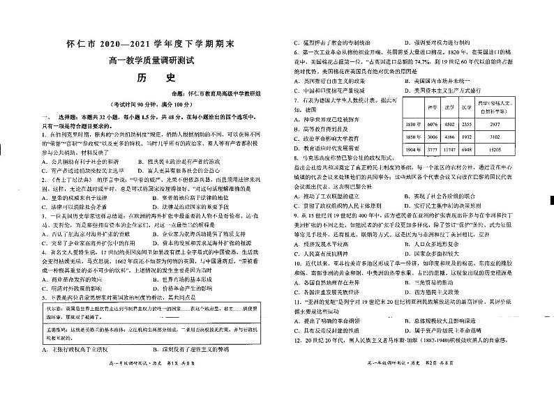 山西省朔州市怀仁市2020-2021学年高一下学期期末考试历史试题第1页