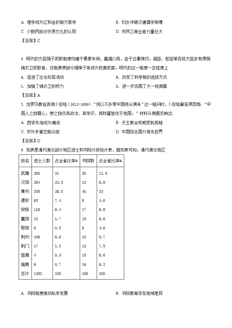 2022武汉高三下学期五月模拟试题(二)历史含答案02
