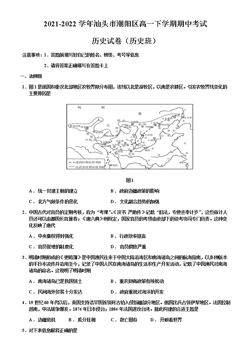 2021-2022学年广东省汕头市潮阳区高一下学期期中考试历史(历史班)试题含解析01