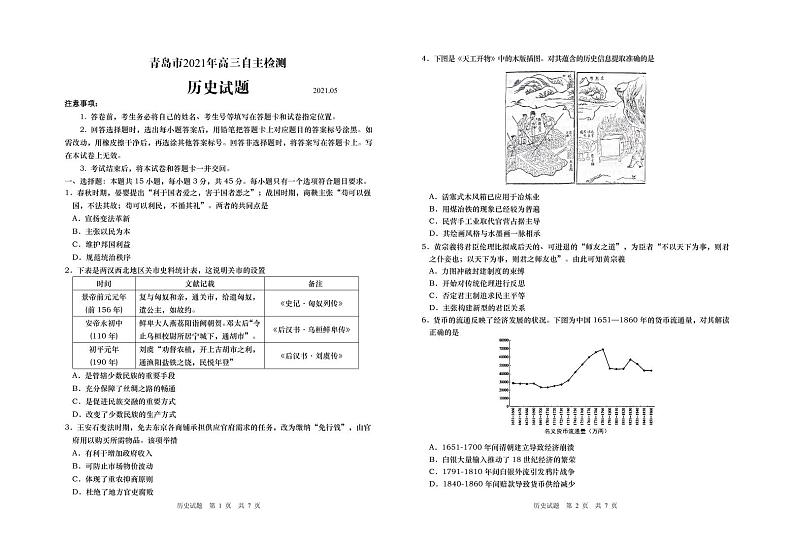 青岛市2021年高三自主检测 -历史第1页
